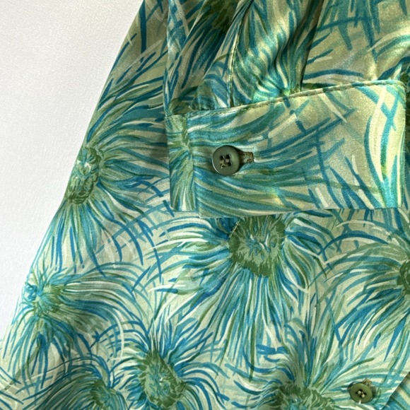 MILLY 100% Silk Shirt Dress Sz 4 Green Abstract Palms 3/4 Sleeves Button Down - Picture 3 of 11
